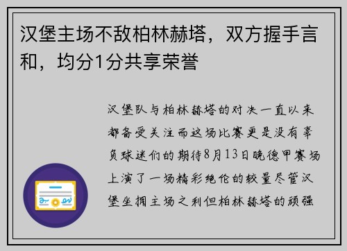 汉堡主场不敌柏林赫塔，双方握手言和，均分1分共享荣誉