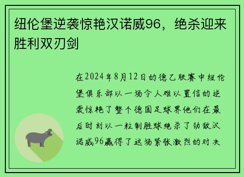 纽伦堡逆袭惊艳汉诺威96，绝杀迎来胜利双刃剑