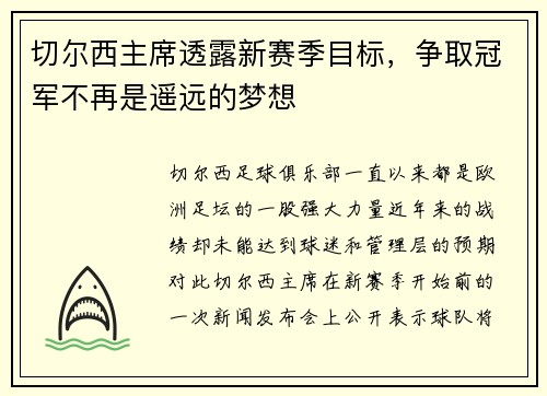 切尔西主席透露新赛季目标，争取冠军不再是遥远的梦想