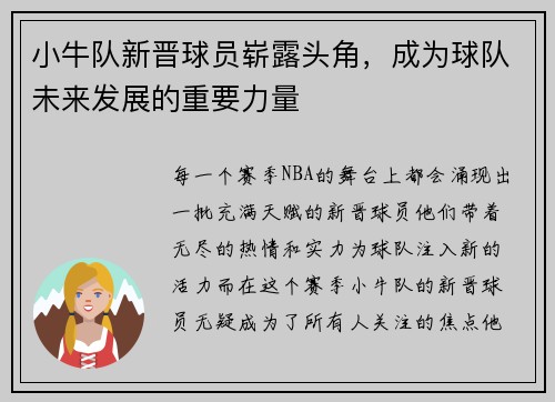 小牛队新晋球员崭露头角，成为球队未来发展的重要力量